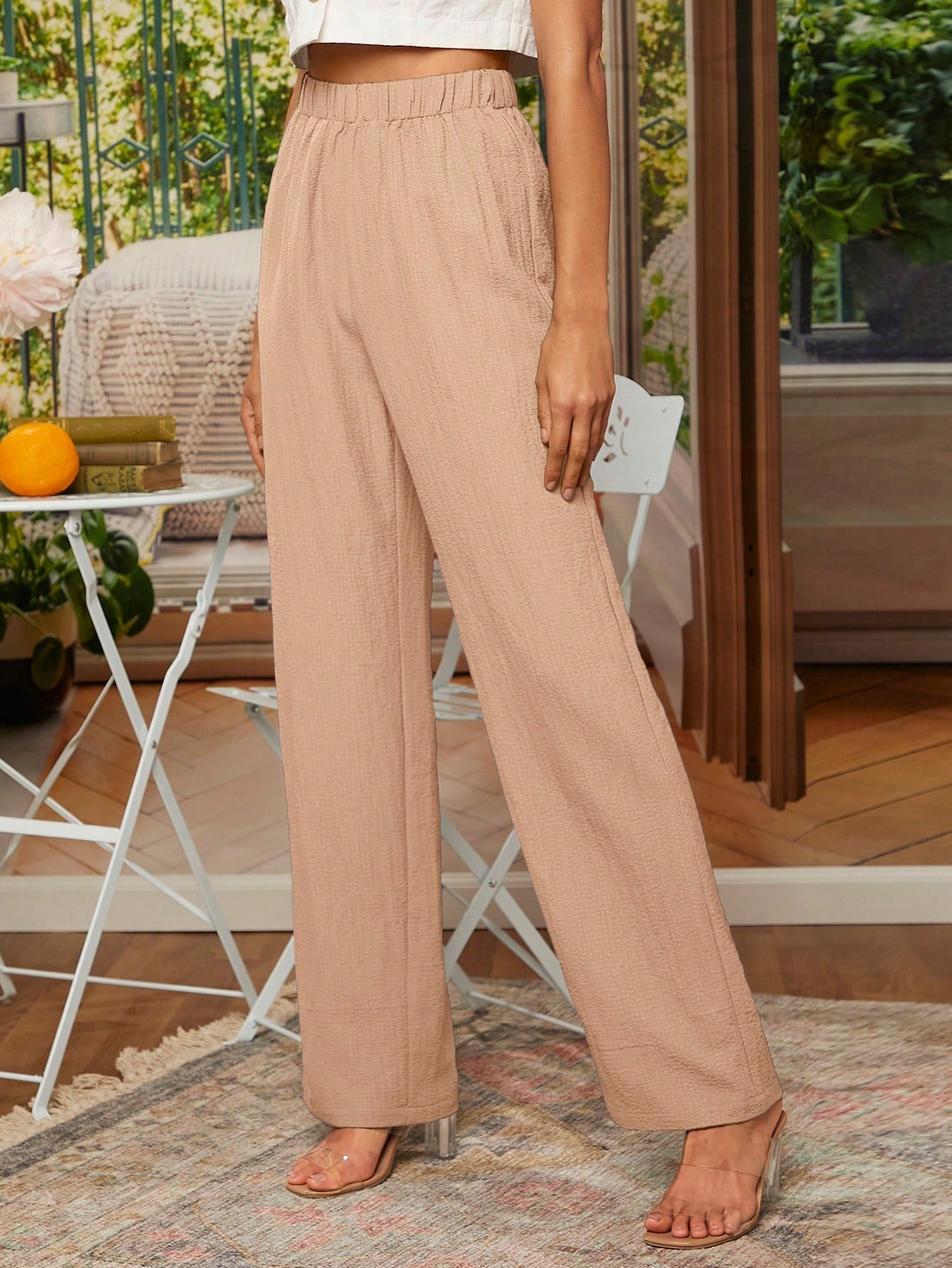 Solid Elastic Waist Straight Leg Pants