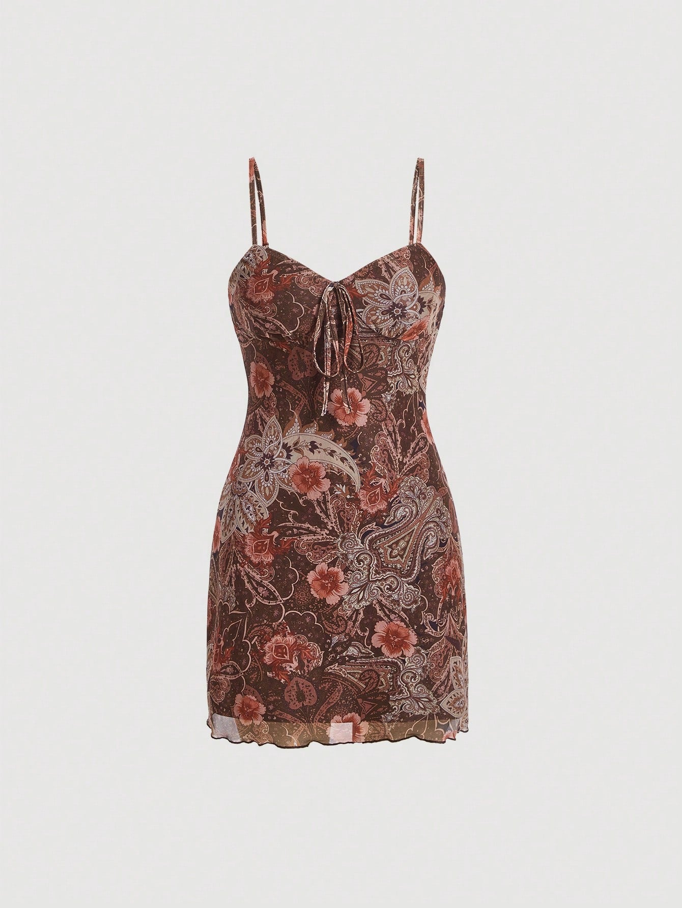 Floral & Paisley Print Tie Front Elasticity Vintage Cami Dress