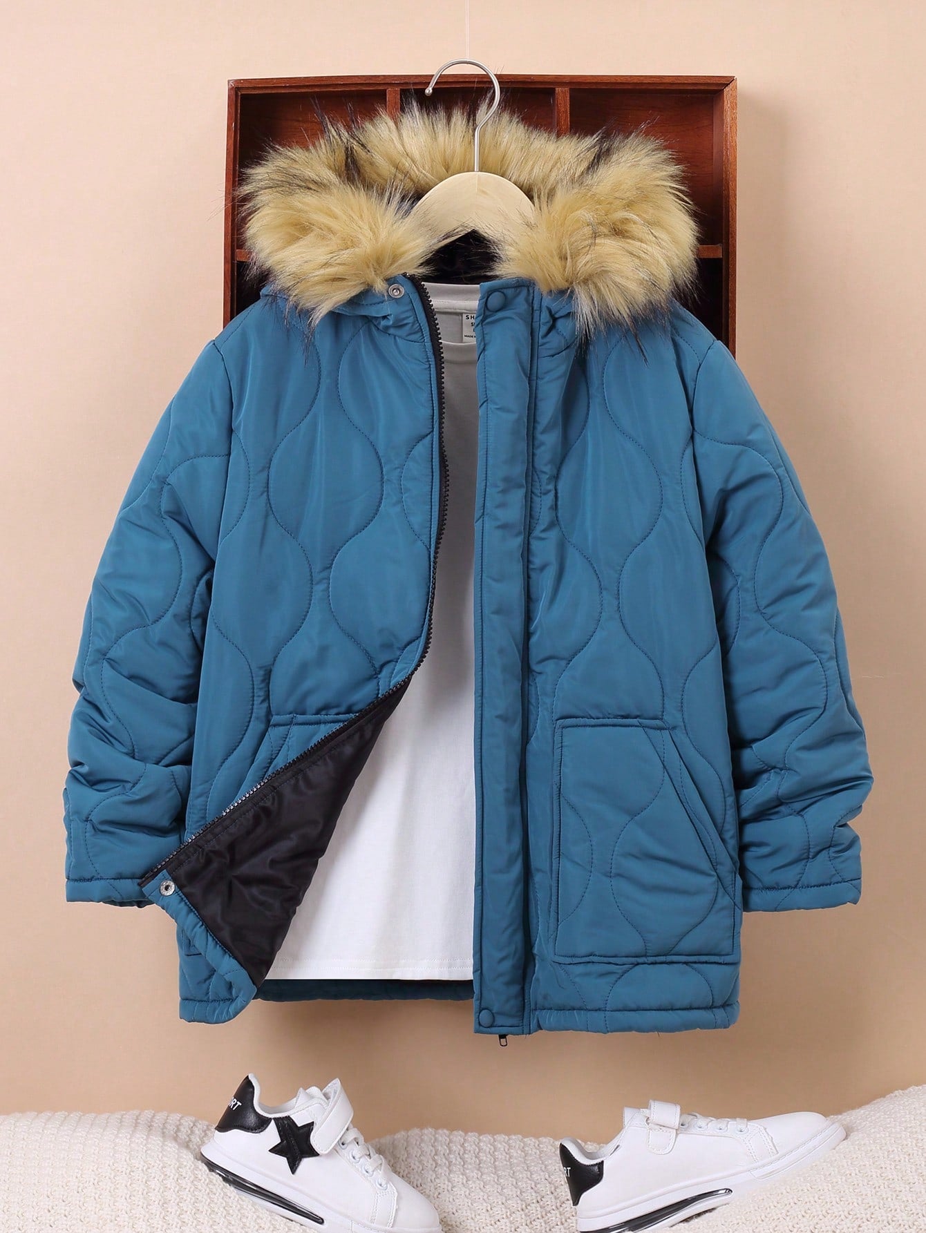 Tween Boy Fuzzy Trim Hooded Thermal Lined Quilted Coat Without Sweater