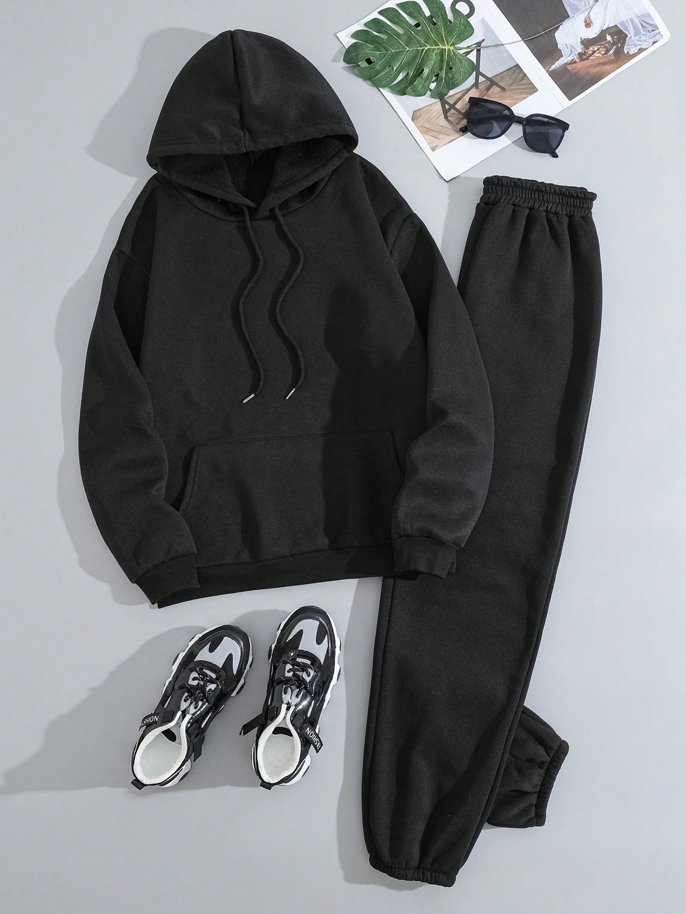 2pcs/Set Solid Color Long Sleeve Hoodie And Sport Pants