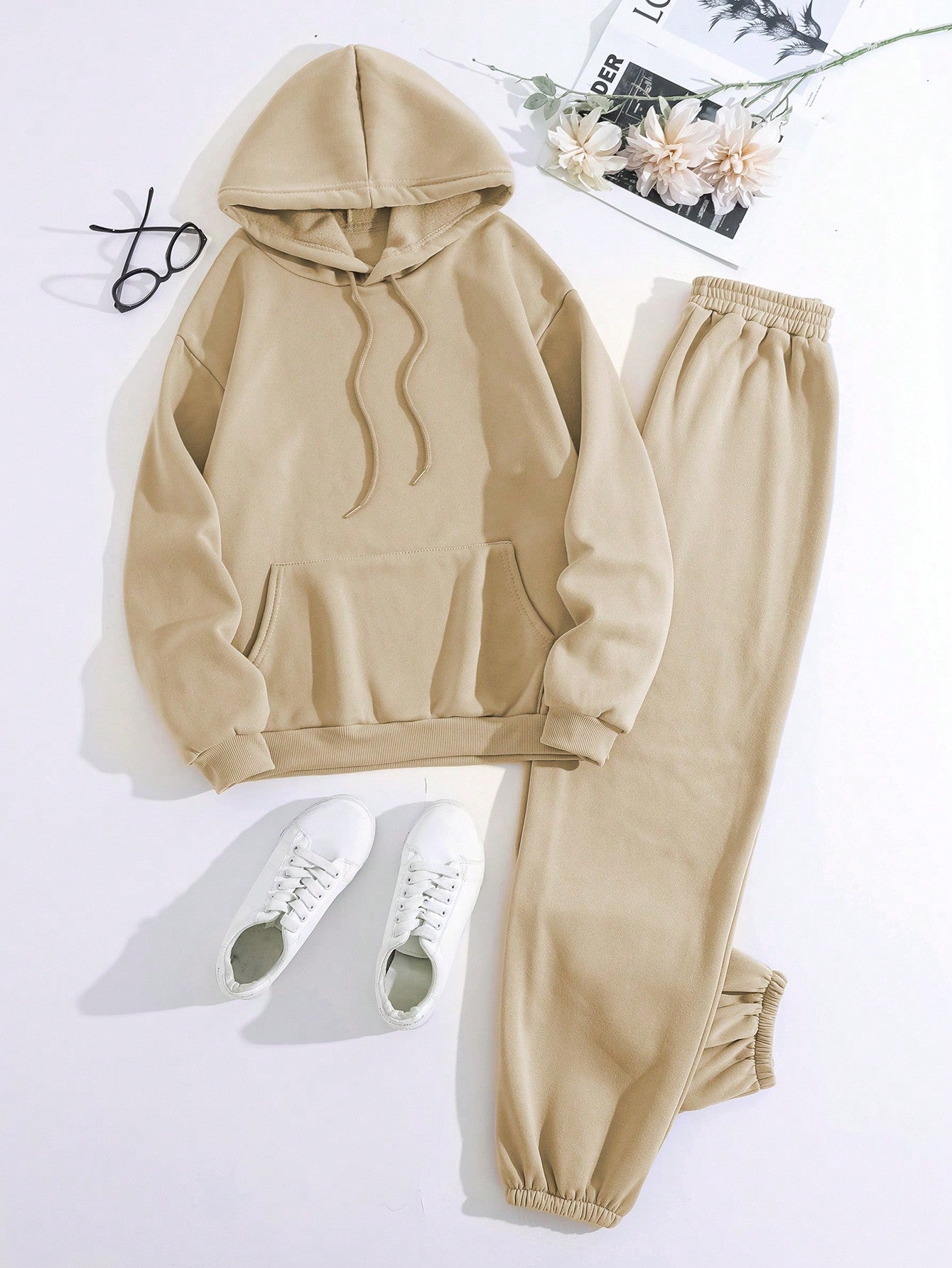 2pcs/Set Solid Color Long Sleeve Hoodie And Sport Pants