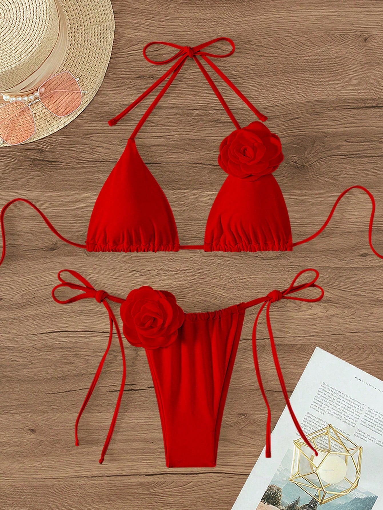 Swim Summer Beach Appliques Halter Triangle Tie Side Bikini Set