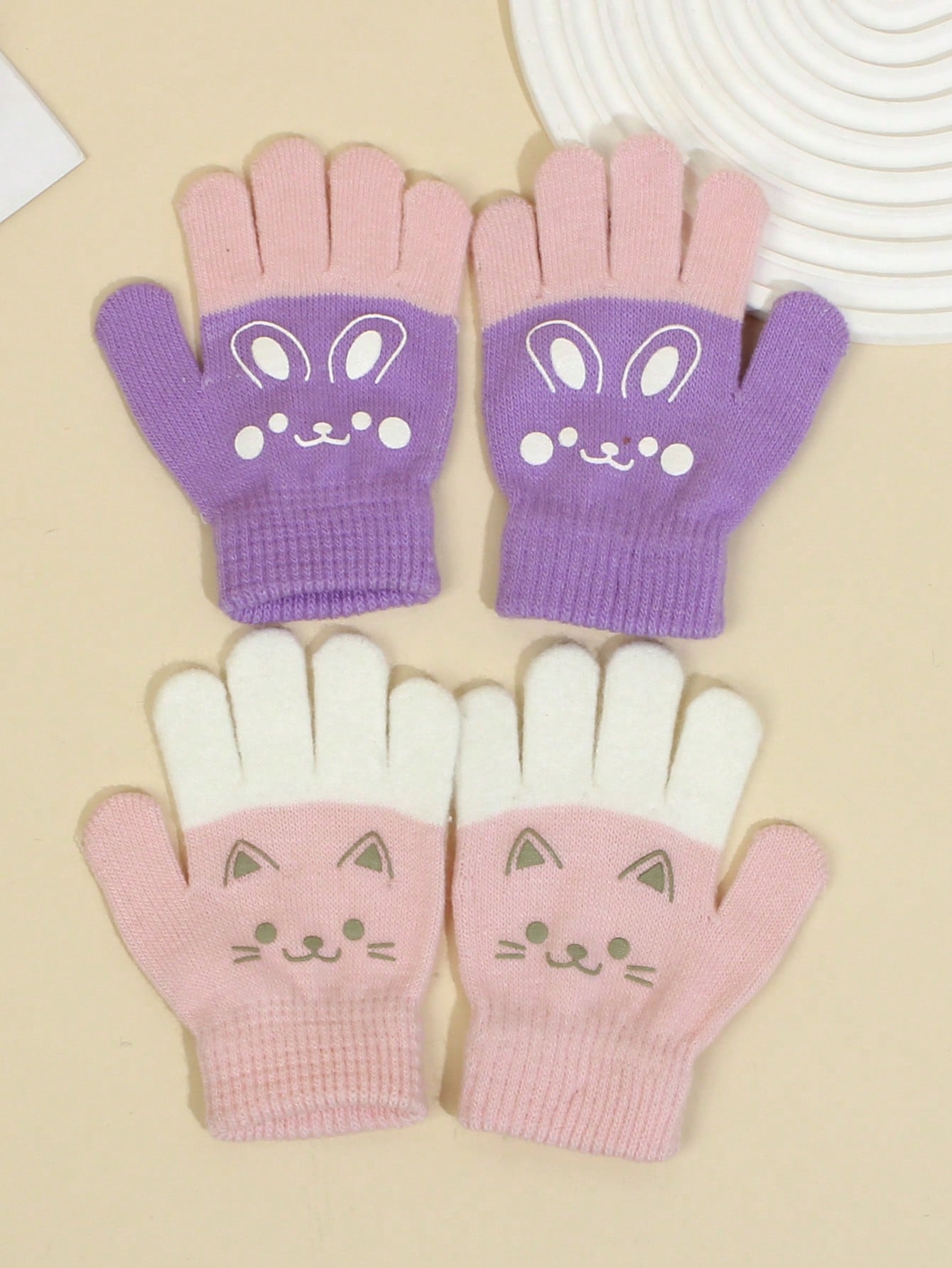 2pairs Girls' Knitted Gloves With Cute Cat & Rabbit Pattern, Suitable For Outdoor Activities And Daily Use, Autumn & Winter