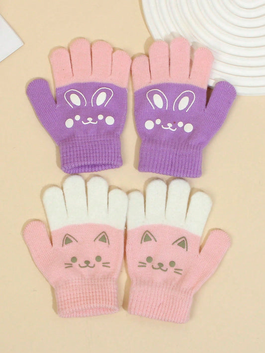 2pairs Girls' Knitted Gloves With Cute Cat & Rabbit Pattern, Suitable For Outdoor Activities And Daily Use, Autumn & Winter