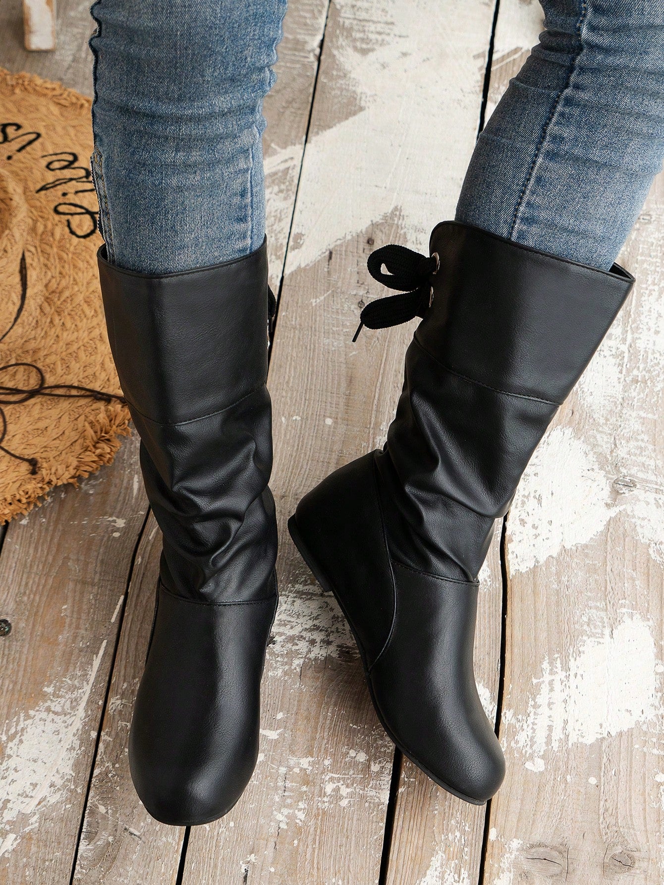 Women's Brown Round-Toe Stretchy PU Leather Fashion Knee-High Boots With Wrinkled Design, Inner Height Increase And Buckle Decorated Strap, Over The Knee Boots