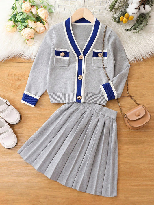 Young Girl Contrast Trim Cardigan & Pleated Knit Skirt