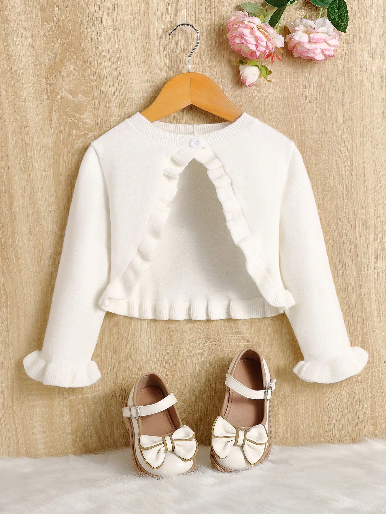 Little Girls' Elegant Slim-Fit Crop Cardigan Sweater With Button-Down Round Neck, Autumn/Winter