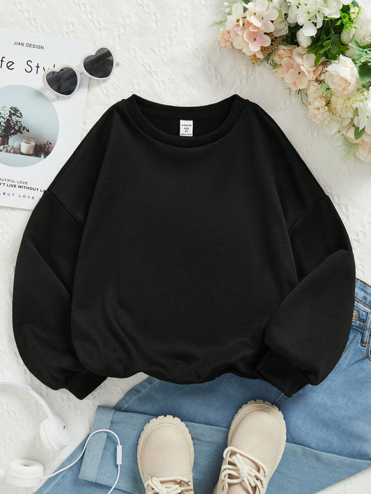 Tween Girls' Casual Solid Color Long Sleeve Round Neck Sweatshirt, Suitable For Autumn And Winter