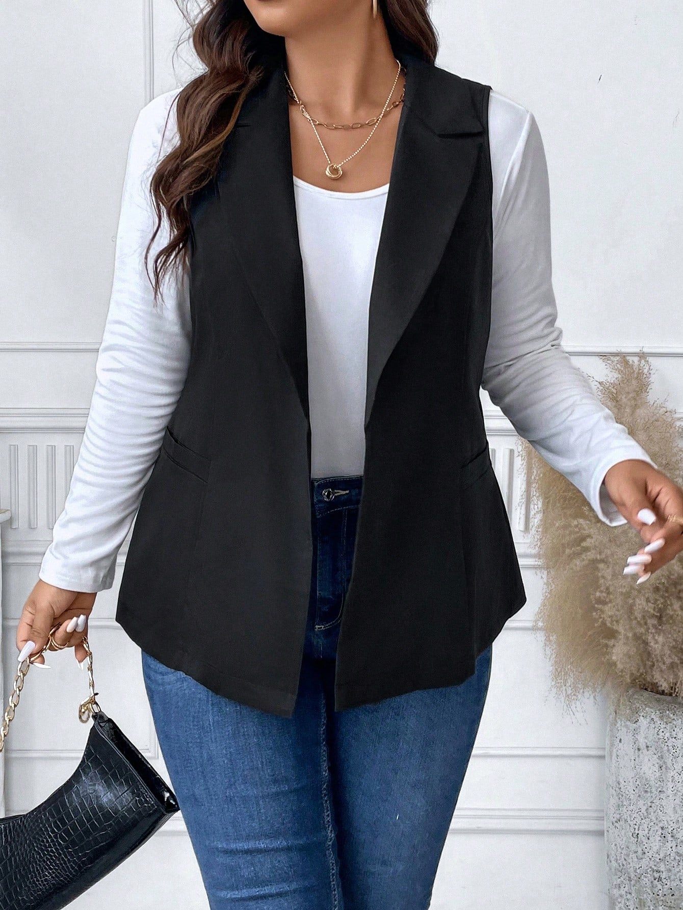 Plus Lapel Neck Open Front Vest Blazer