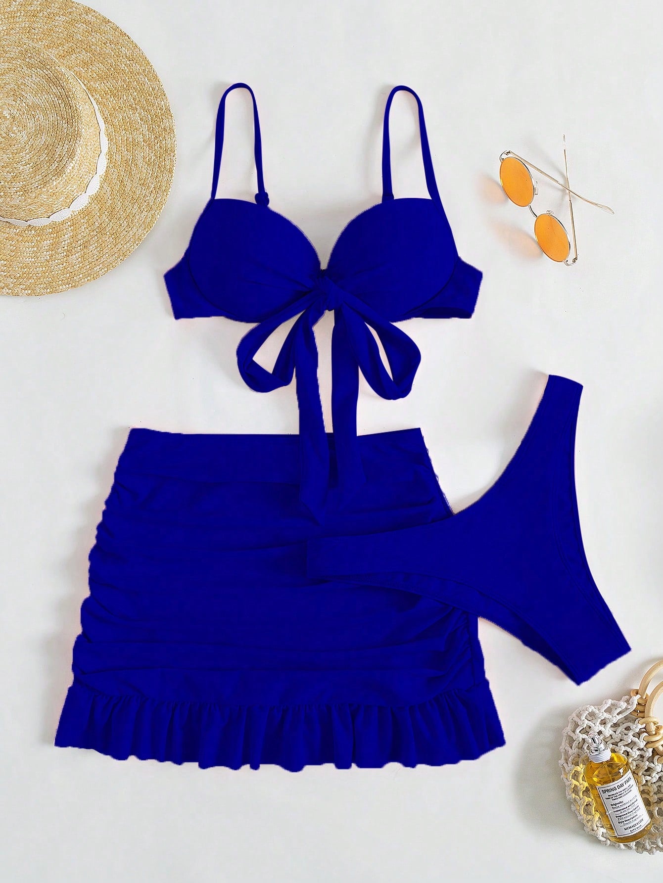 Swim Mod Summer Beach Solid Bikini Set Knot Front Push Up Bra & High Cut Bottom & Ruched Beach Skirt 3 Piece Bathing Suit