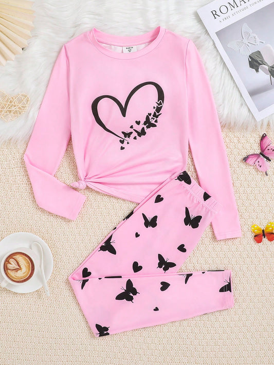 Tween Girl Heart & Butterfly Print Tee & Pants Snug Fit PJ Set