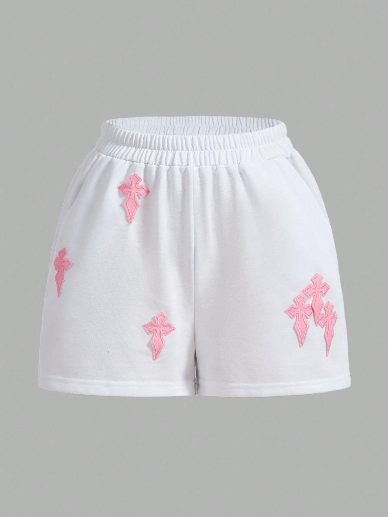 Casual & Cute Elastic Waist Cross Patch Solid Color Ladies' Shorts For Daily Wear And Work Commute