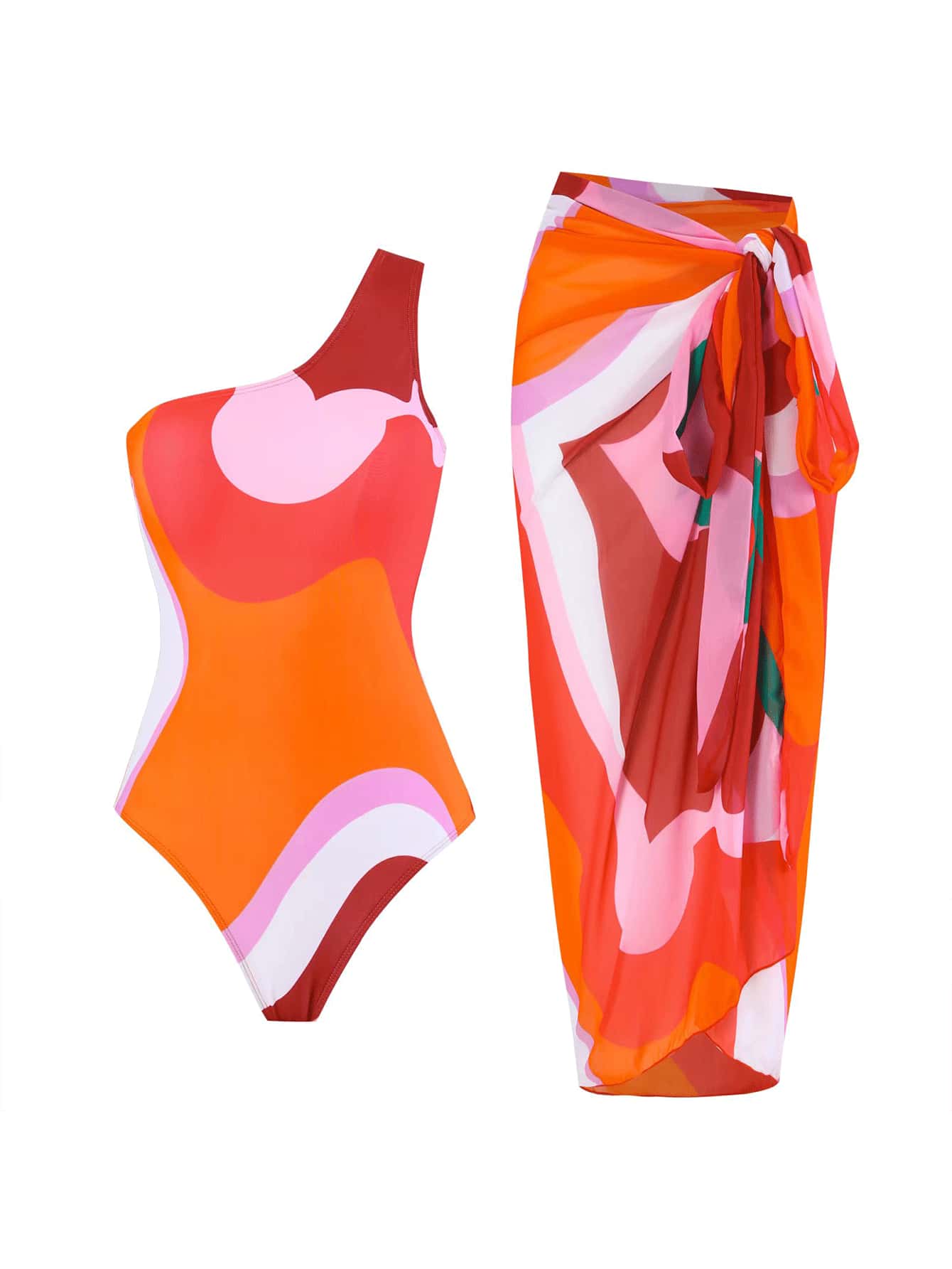 2023 New Women's Colorblock One-Piece Swimsuit With Chiffon Cover-Up Skirt, Vintage European And American Swimwear Bathing Suit, Free Size