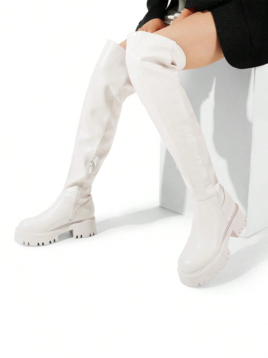 Women's Platform Over The Knee Boots Lug Sole Round Toe Thigh High Long Chunky Block Heels Fall Boot