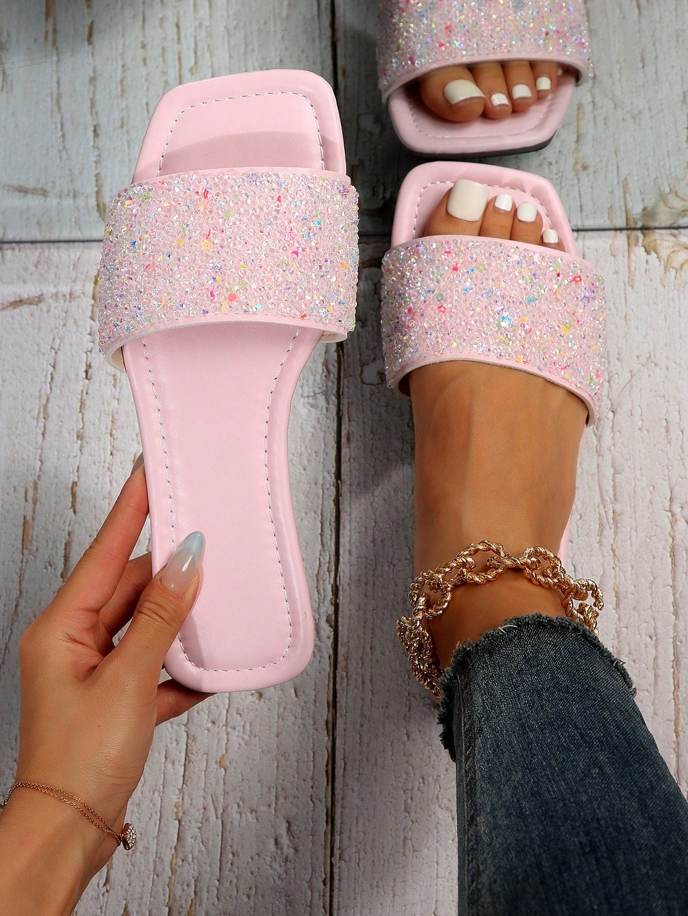 Women's Rhinestone Decor Pink Flat Slipper, Casual & Outdoor Pvc Open Toe Sandal