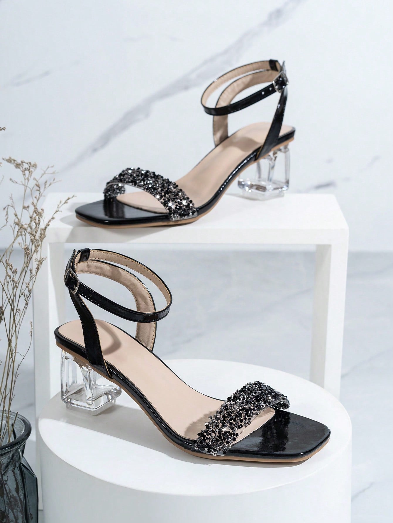 Fashionable Crystal-embellished High-heeled Sandals With Rhinestones For Women