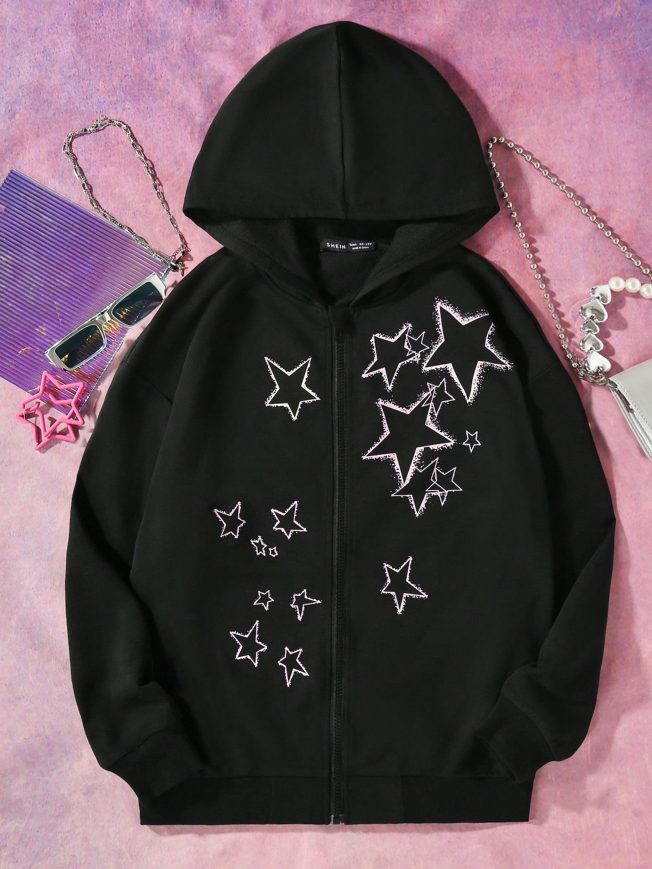 Teen Girl Star Print Zip Up Hoodie