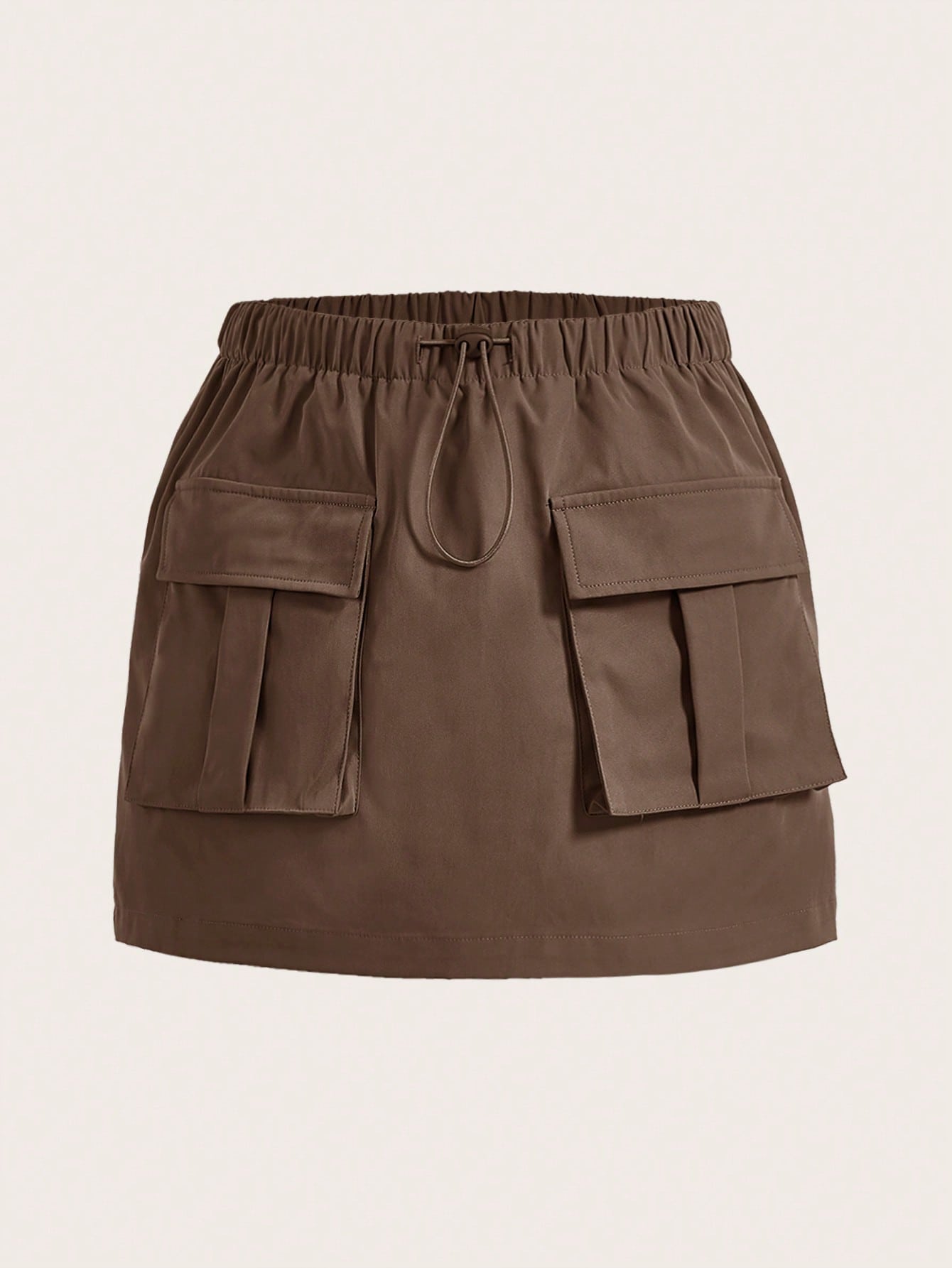 Solid Color Drawstring Waist A-Line Work Skirt With Flap Pockets