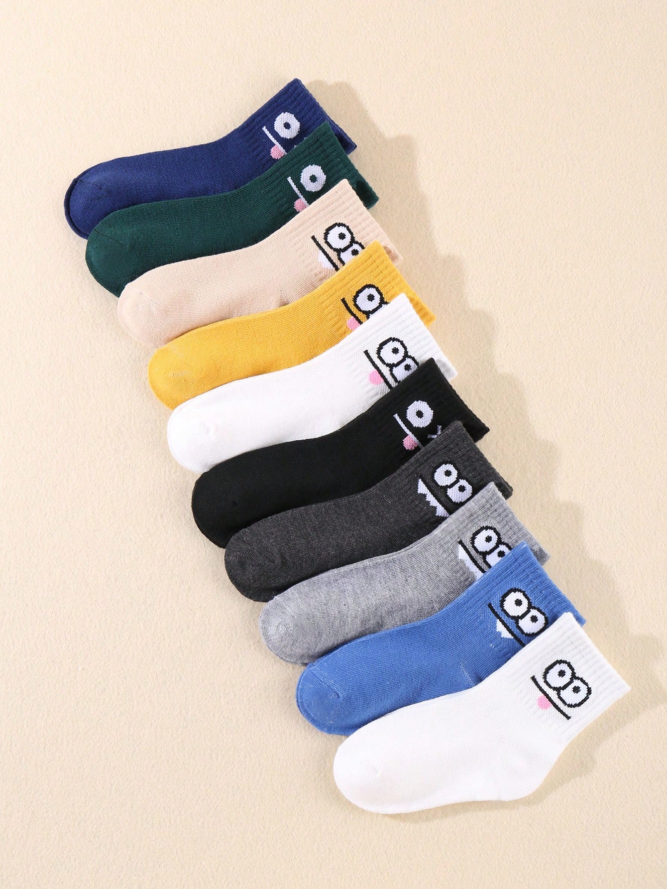 10pairs Children's Random Color Solid Smile Face Design Athletic Cute Mid-Calf Socks For Daily Wear