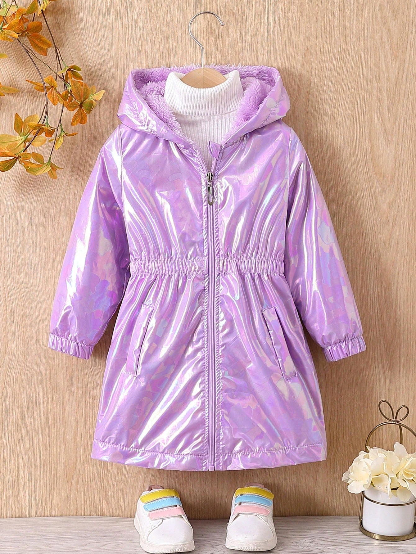 Young Girl Holographic Teddy Lined Hooded Coat