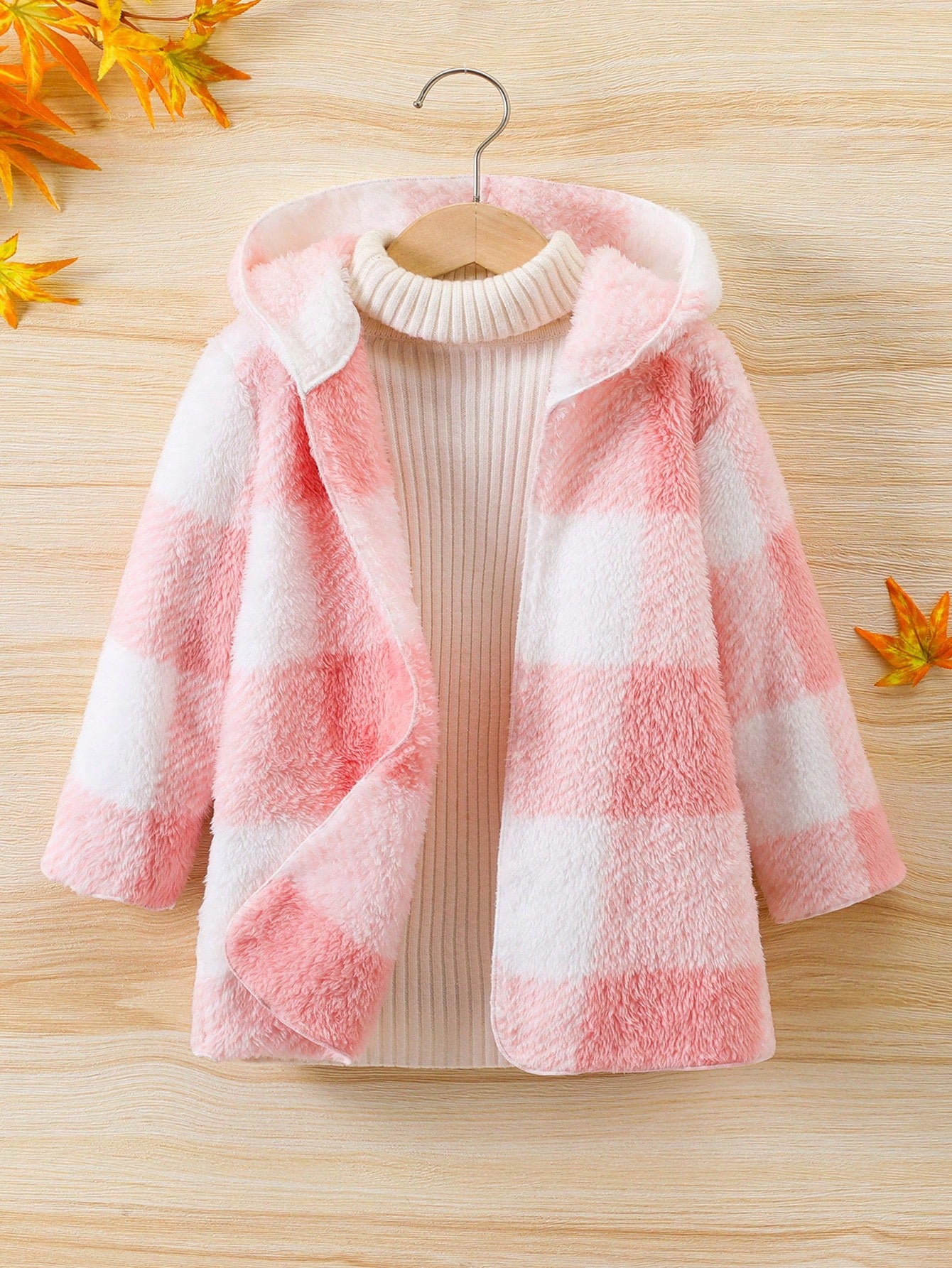 Young Girl Buffalo Plaid Pattern Hooded Teddy Coat Without Sweater