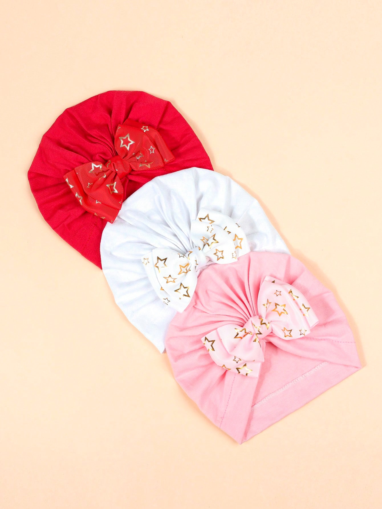 (3pcs/pack) Baby Double Layer Bowknot Hat With Gold Star Print, Solid Color Beanie Cap