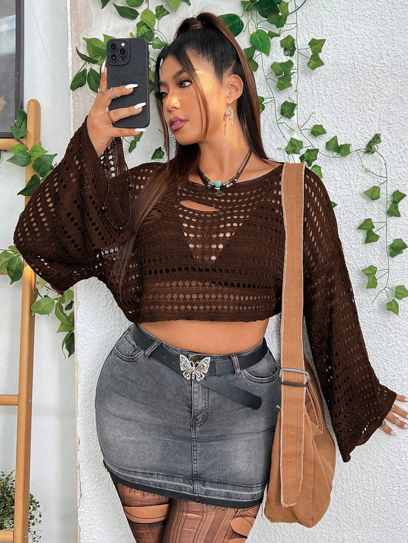 PUNK Plus Size Holiday Solid Color Hollow Out Knitted Cropped Sweater With Flared Sleeves