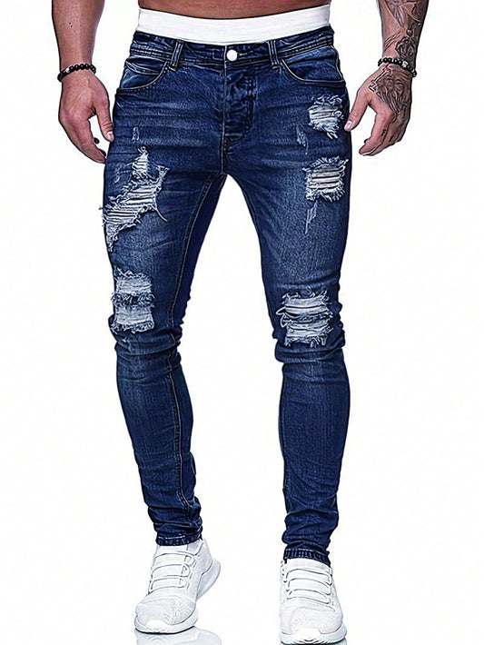 Men Ripped Skinny Jeans Slim Fit Long Dark Wash Jean Cargo Plain Blue Going Out Street Wear Husband