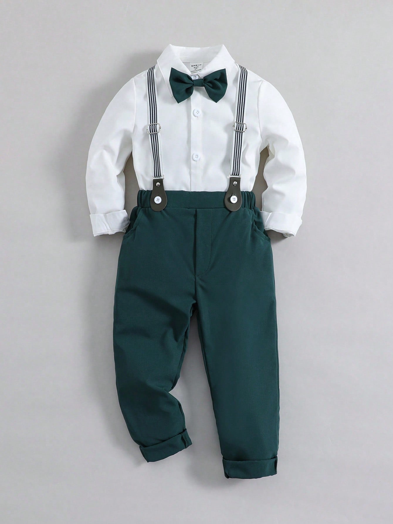 Young Boy Shirt With Bowtie And Suspender Pants Set, Gentleman Style