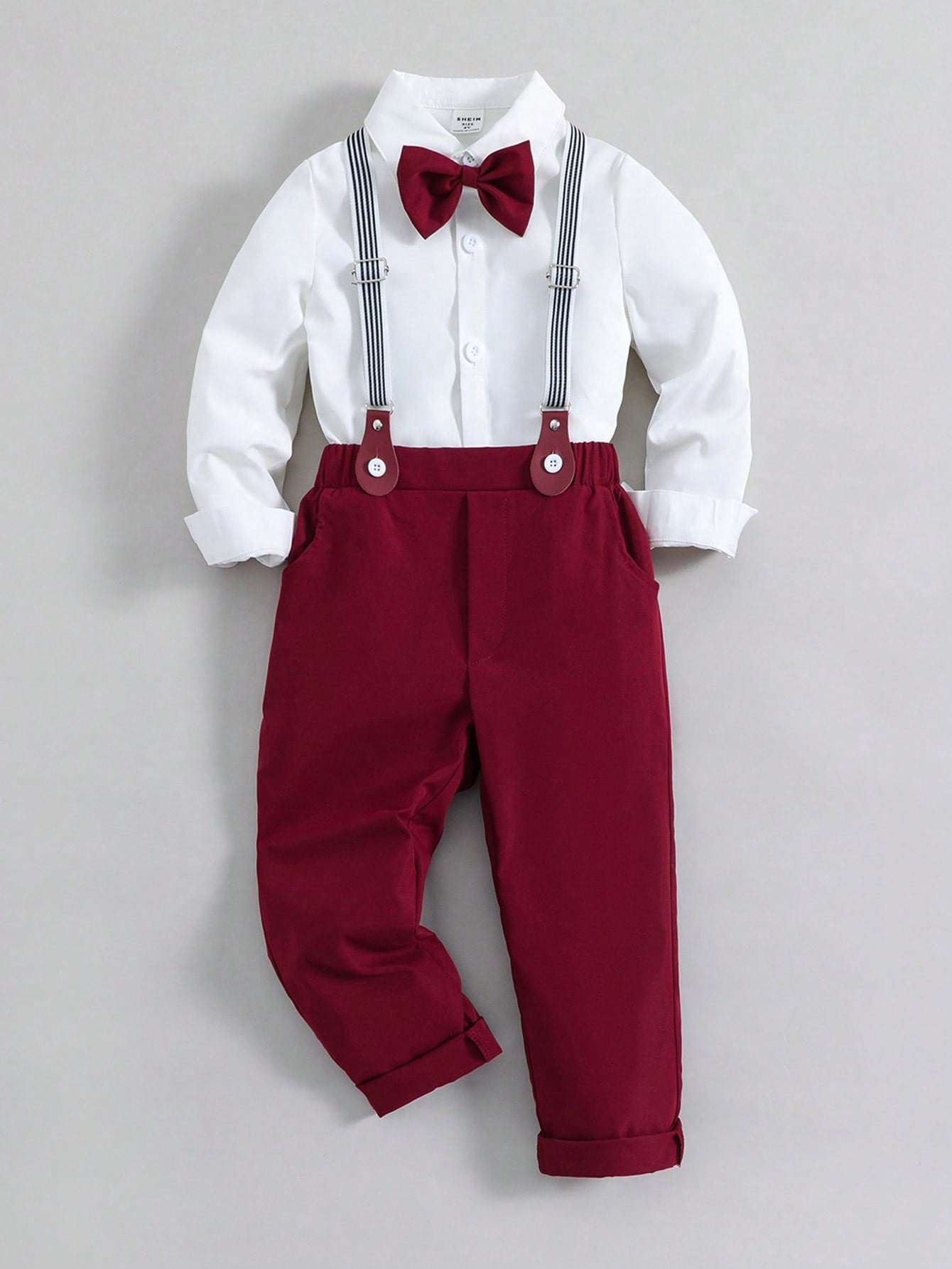 Young Boy Shirt With Bowtie And Suspender Pants Set, Gentleman Style