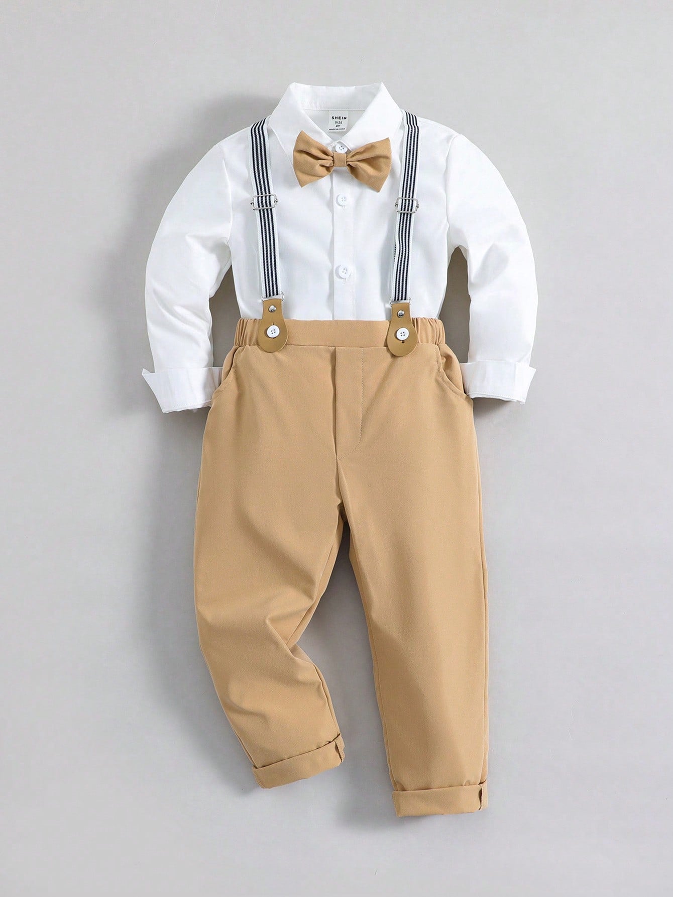 Young Boy Shirt With Bowtie And Suspender Pants Set, Gentleman Style