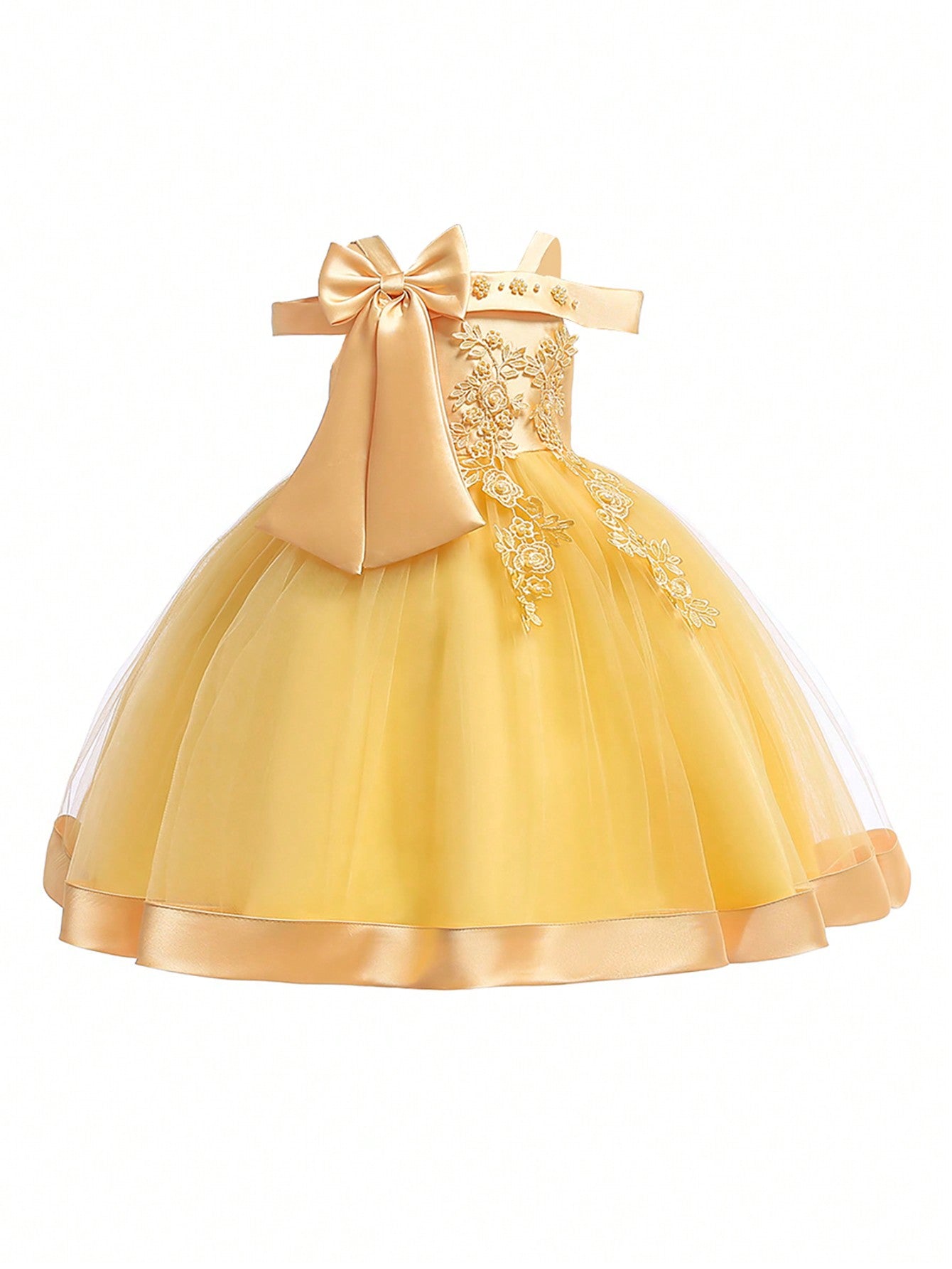 Young Girl Solid Color Tulle Spliced Satin Bowknot Decorated Sleeveless Fluffy Dress, Suitable For Birthday Party And Other Formal Occasions