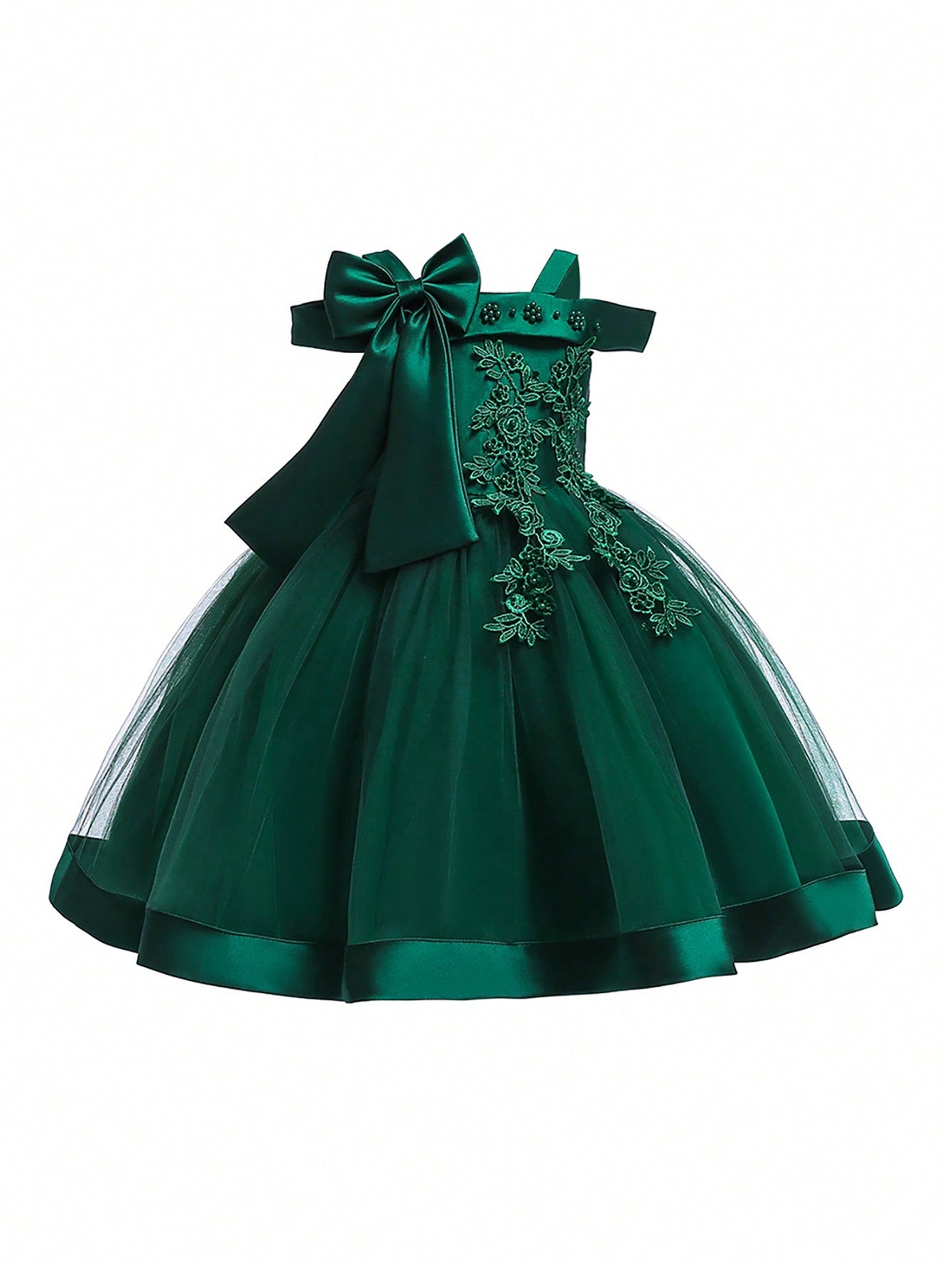 Young Girls' Solid Color Tulle Satin Strap Dress With Bowknot Decoration, Elegant And Gorgeous Dress Suitable For Birthday Party