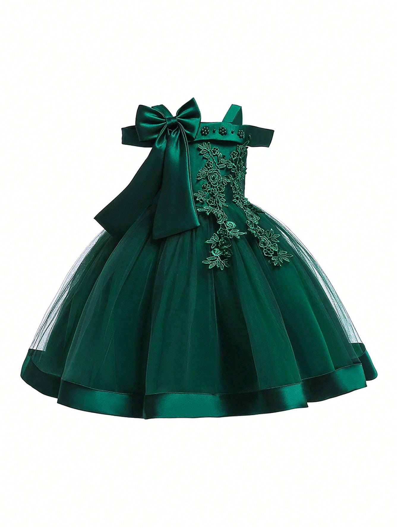 Young Girl Solid Color Tulle Spliced Satin Bowknot Decorated Sleeveless Fluffy Dress, Suitable For Birthday Party And Other Formal Occasions