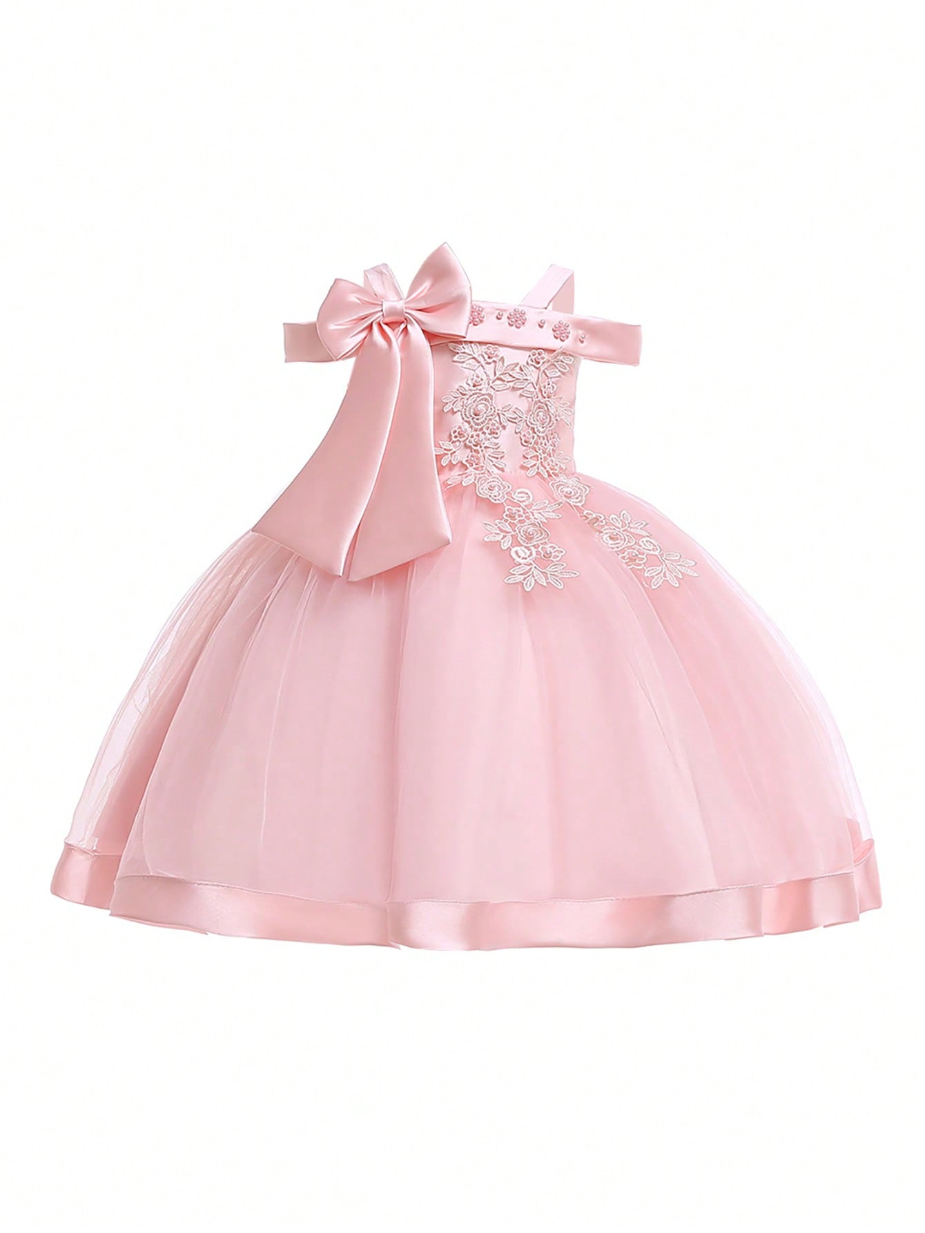 Young Girl Solid Color Tulle Splicing Satin Bowknot Decorated Sleeveless Fluffy Dress, Elegant & Gorgeous Party Dress For Birthday Parties