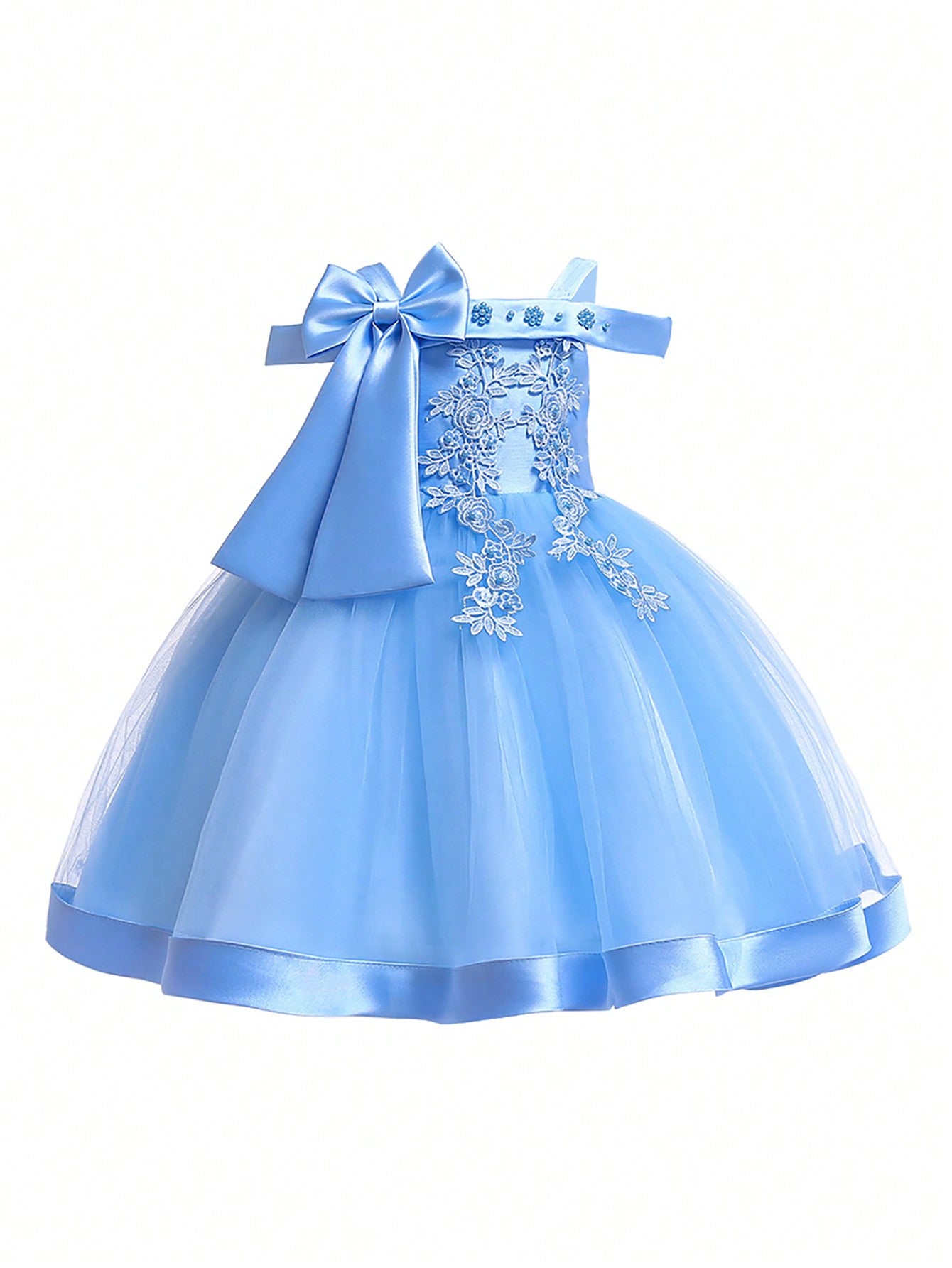 Young Girls' Solid Color Tulle Satin Strap Dress With Bowknot Decoration, Elegant And Gorgeous Dress Suitable For Birthday Party
