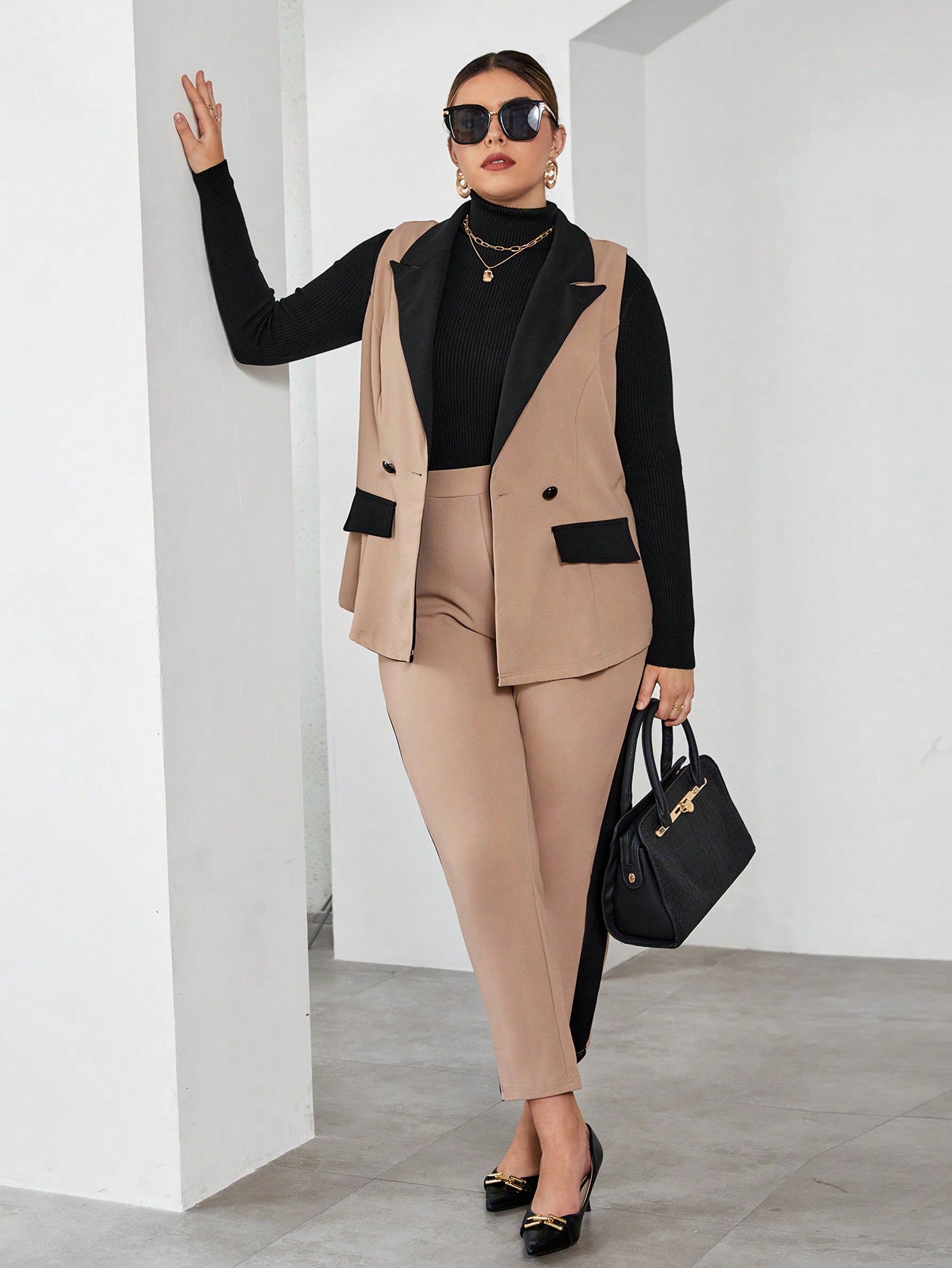 Plus Two Tone Vest Blazer & Pants