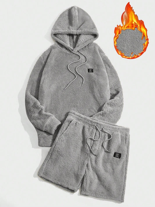 Men Letter Patched Drawstring Teddy Hoodie & Shorts