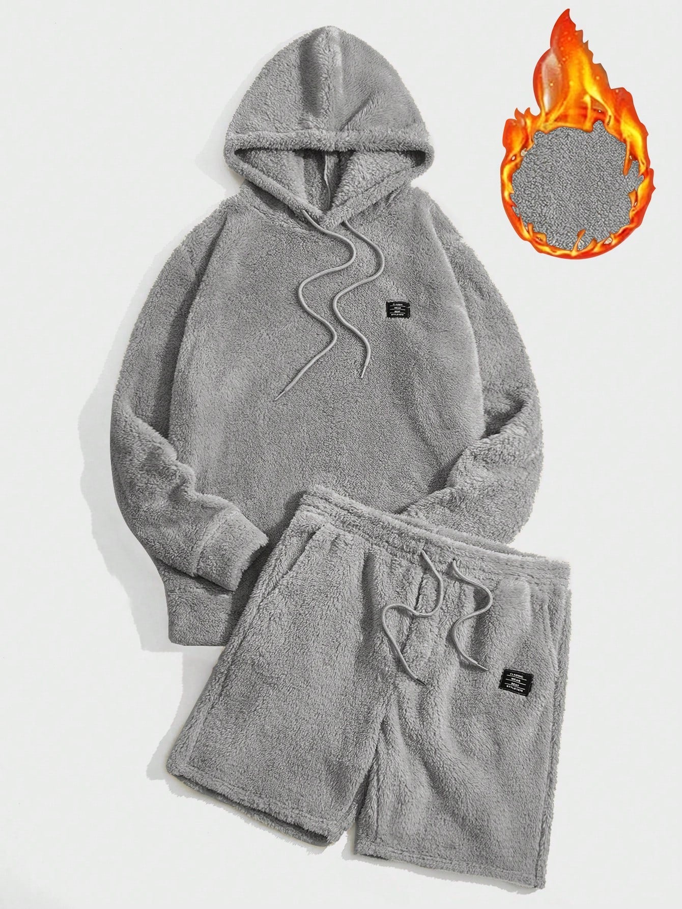 Men Letter Patched Drawstring Teddy Hoodie & Shorts