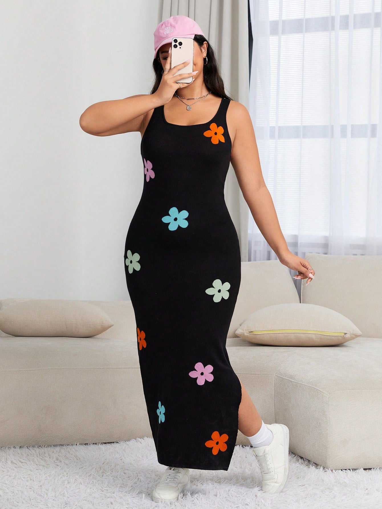 Plus Floral Pattern Split Thigh Sweater Dress