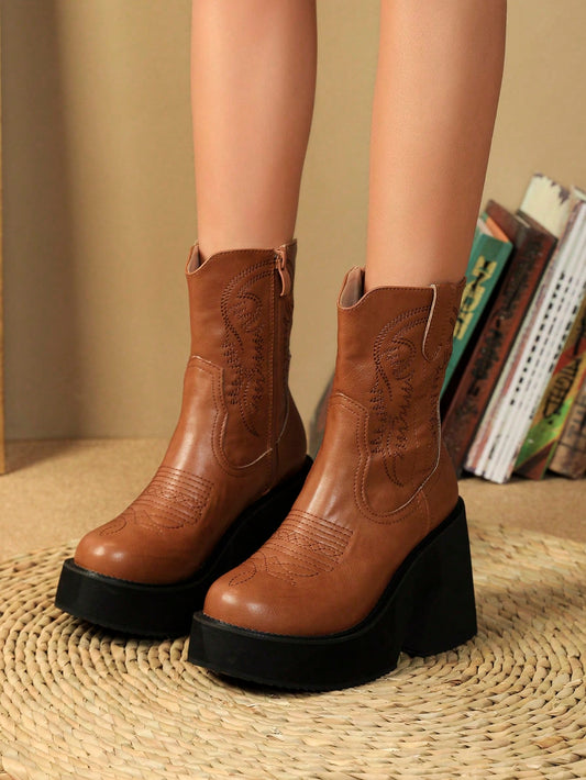 Women's Embroidered Wedge Heel Thick-soled Fashion Short Boots For Slim Legs