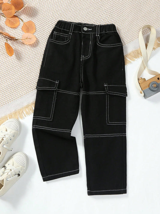 Kids Young Girl Modern Street-Style Loose-Fit Workwear Straight-Leg Jeans With Color-Blocking Design, Elastic Waist, Large Pockets And White Seam Details, Perfect All-Year-Round Versatile Daily Fashion Item