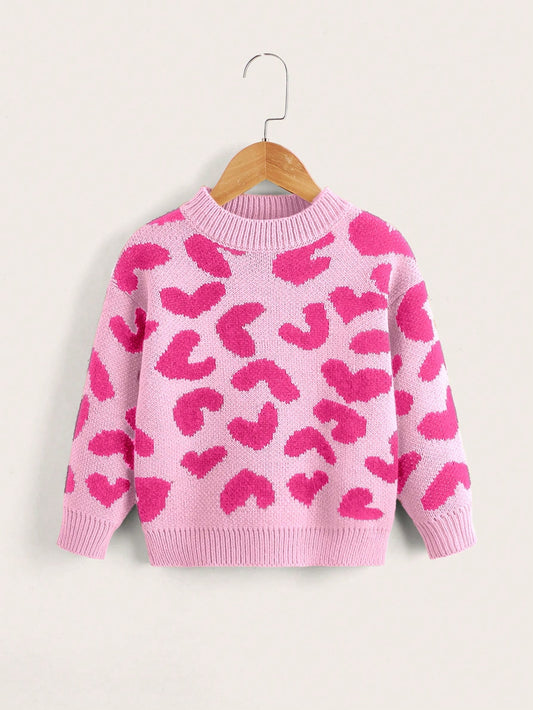 Young Girl Allover Heart Pattern Drop Shoulder Sweater