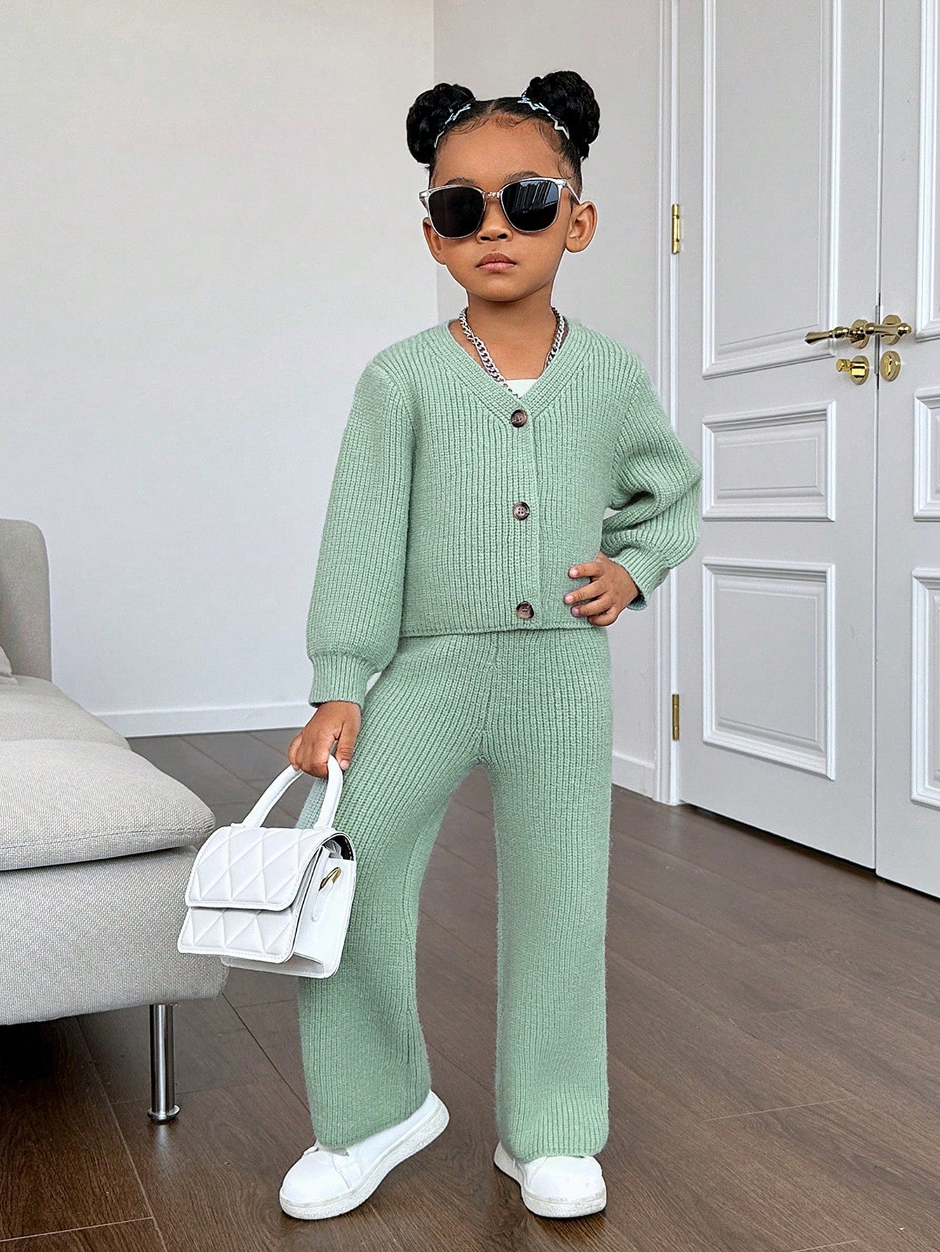 Young Girl Ribbed Knit Cardigan & Knit Pants