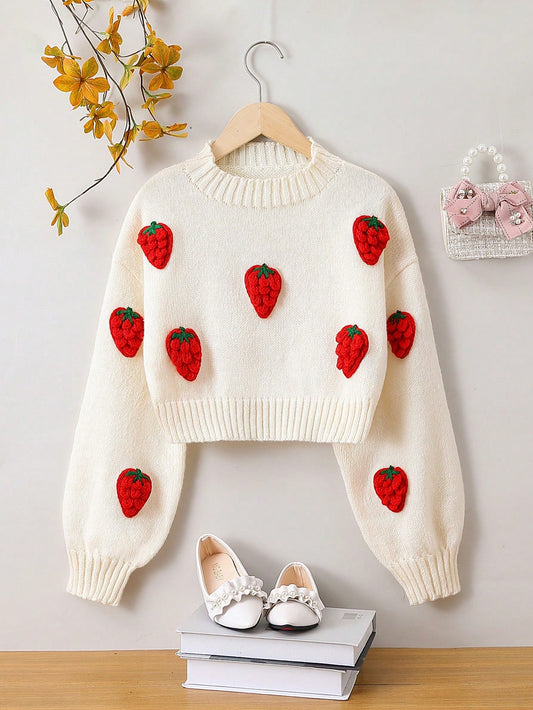 Teen Girl Strawberry Pattern Drop Shoulder Mock Neck Crop Sweater