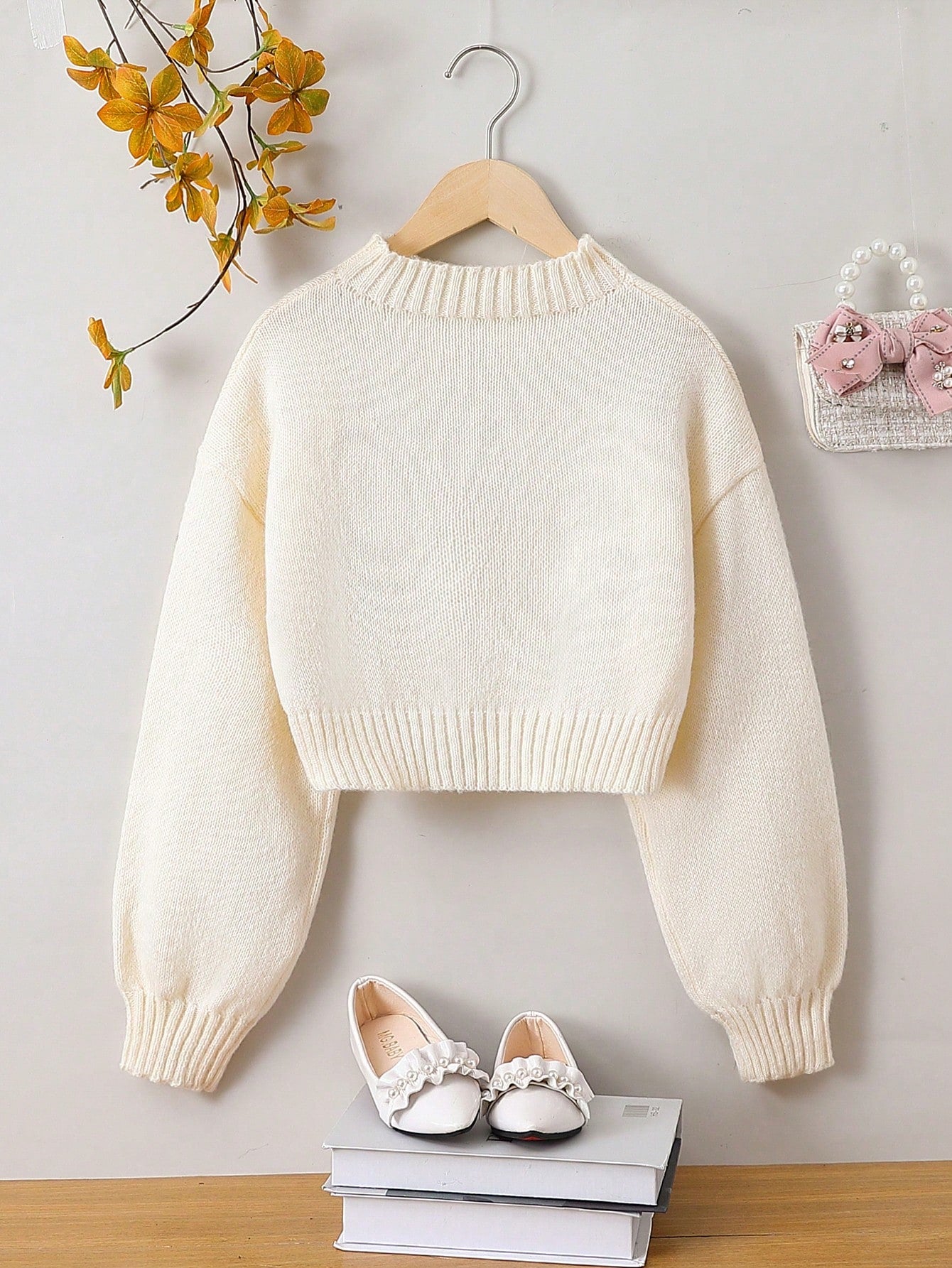 Teen Girl Strawberry Pattern Drop Shoulder Mock Neck Crop Sweater