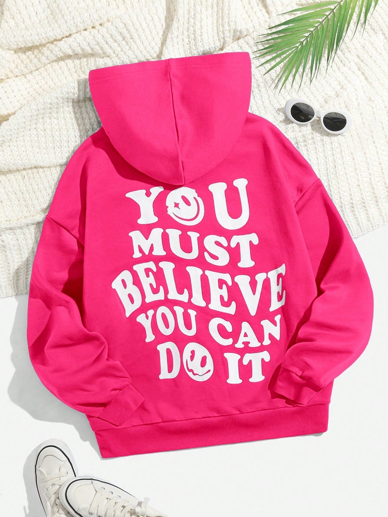 Summer Outfits Slogan Graphic Drop Shoulder Drawstring Thermal Hoodie YOU MUST BELIEVE YOU CAN DO IT