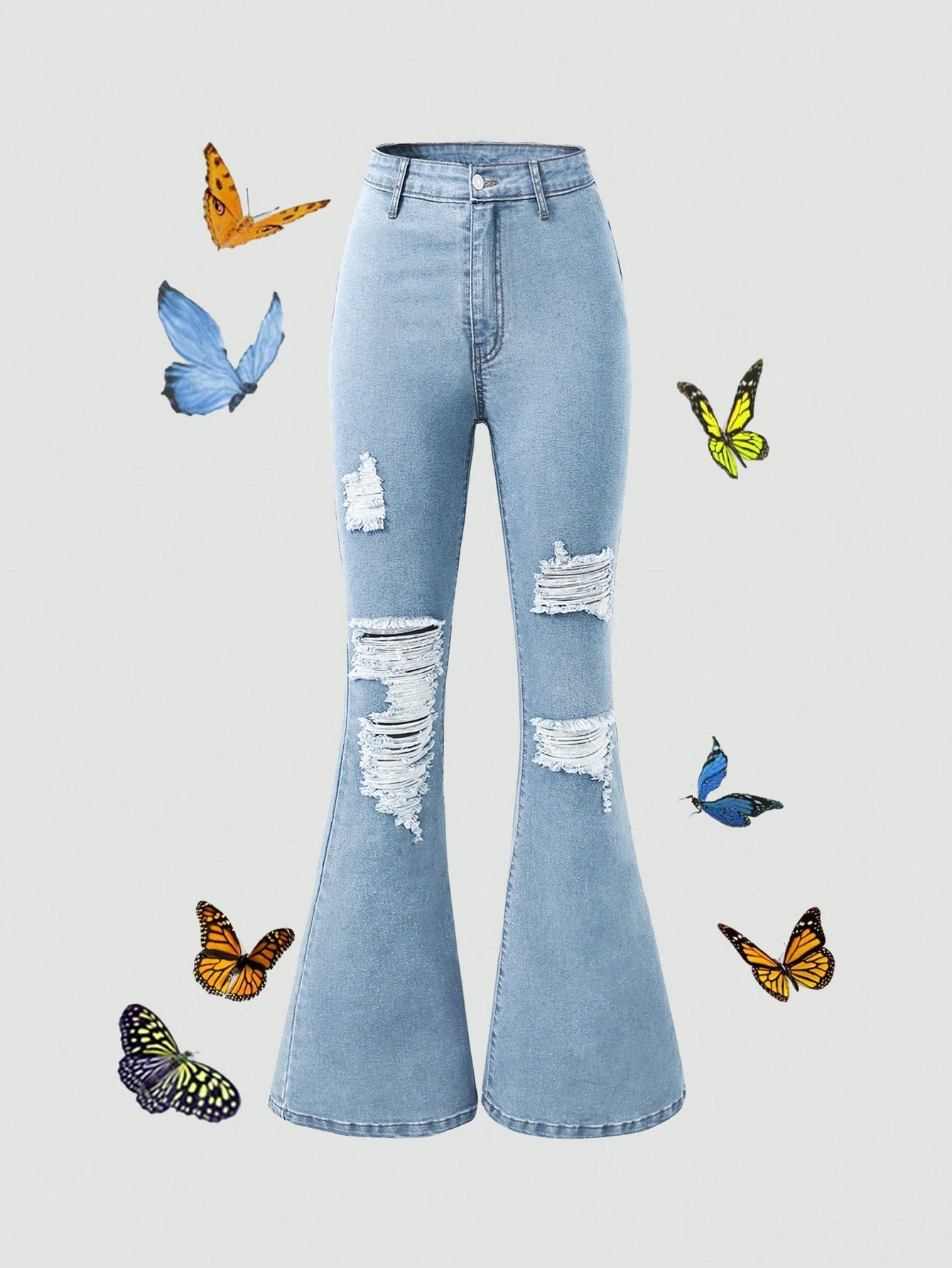 Retrotrend Kids Teen Girl Vintage Boho Urban Ripped Destroy Elastic Waist Strecthy Flare Jeans With Flat Pockets