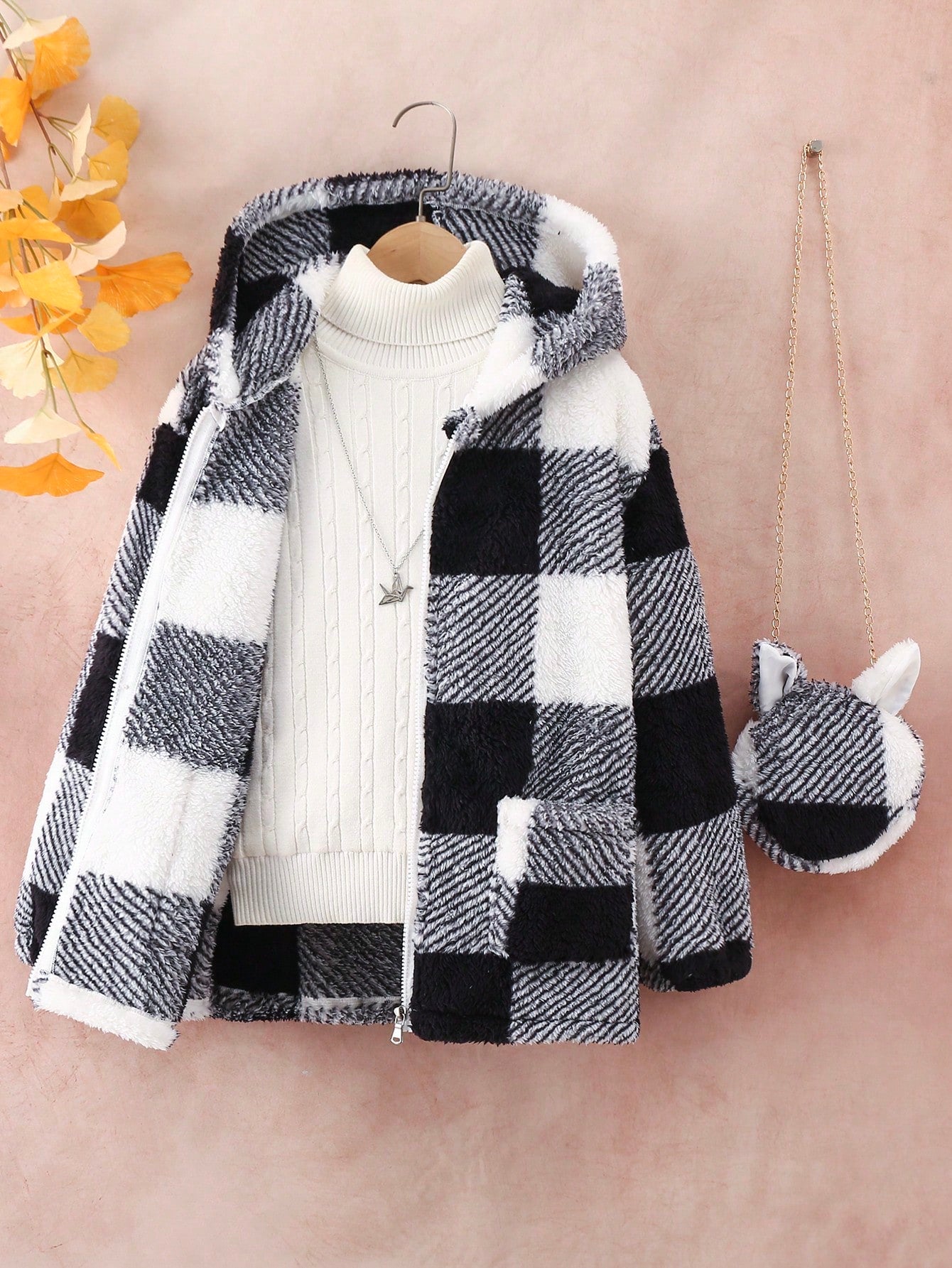 Tween Girl Buffalo Plaid Pattern Drop Shoulder Hooded Teddy Coat With Bag