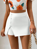 High Waist Button Detail Split Hem Skort
